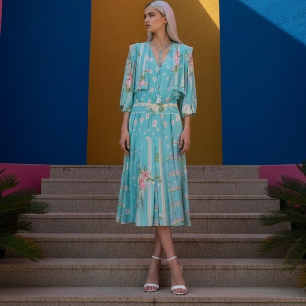 Vintage‎ Diane Fres L Floral Print Midi Dress Blue Easter Modest Granny Church